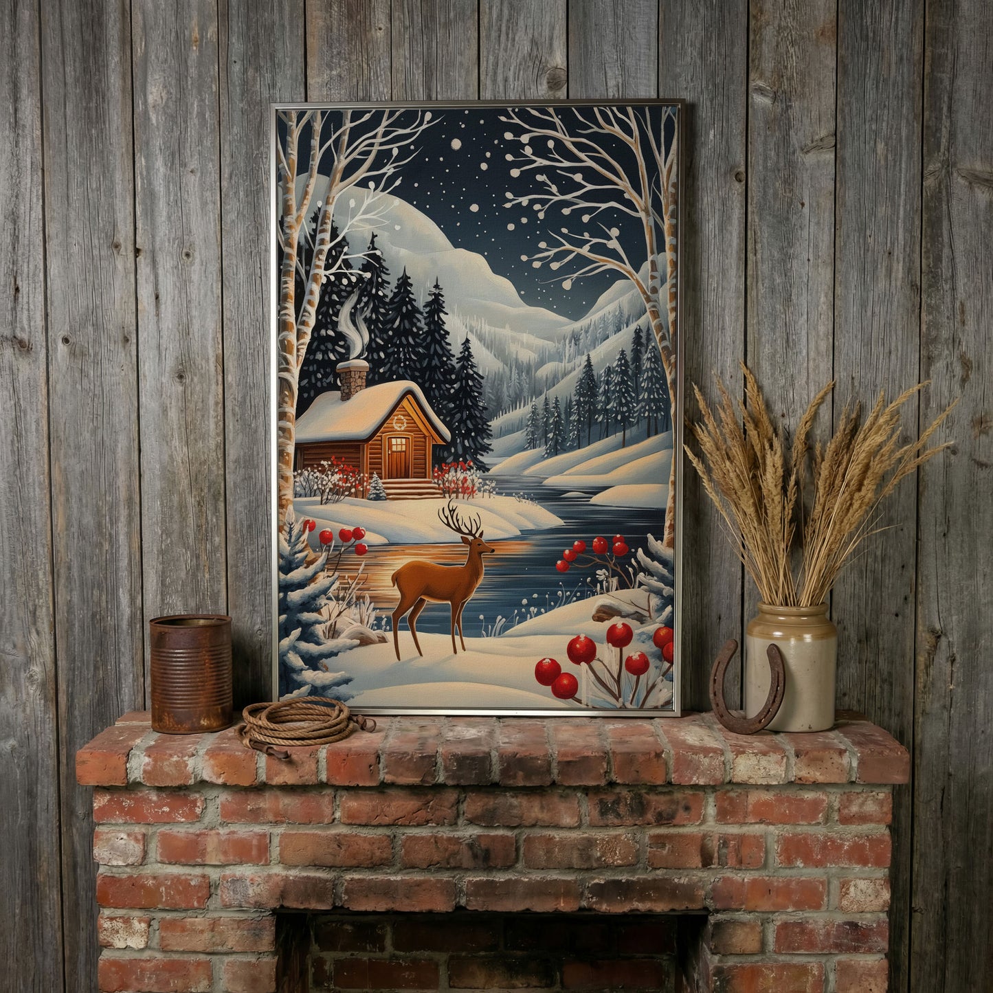Cozy Cabin by the River Canvas Print in silver floating frame