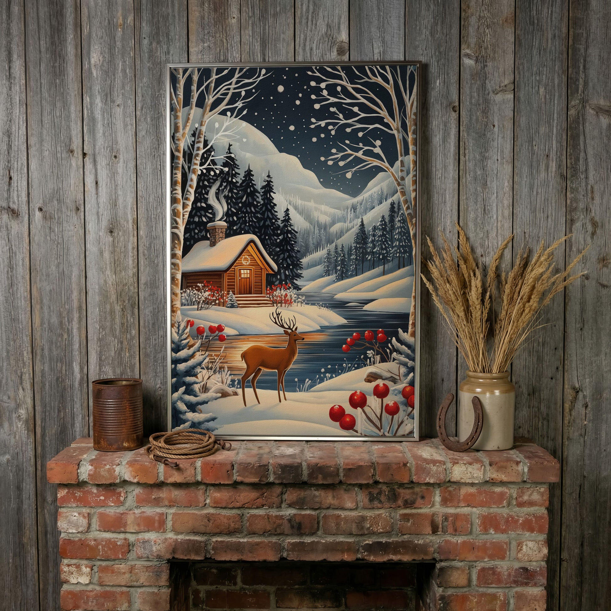 Cozy Cabin by the River Canvas Print in silver floating frame