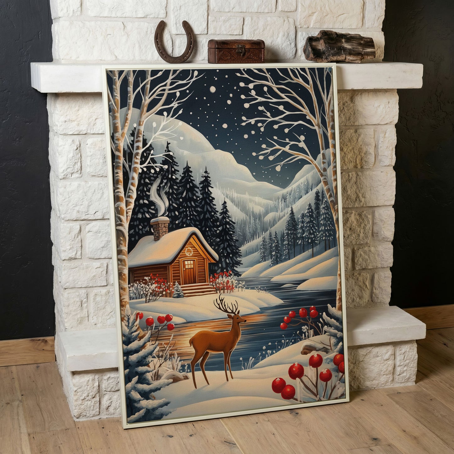 Cozy Cabin by the River Canvas Print in white floating frame