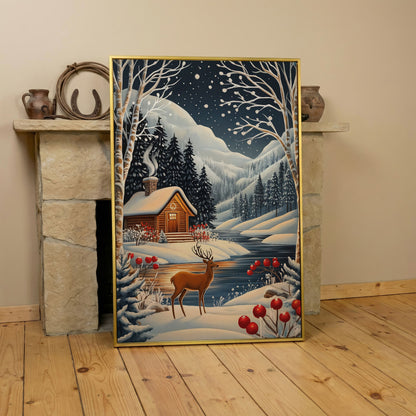 Cozy Cabin by the River Canvas Print in yellow gold floating frame