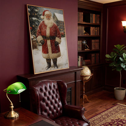 Jolly Santa Claus with Christmas Tree Canvas in antique gold floating frame