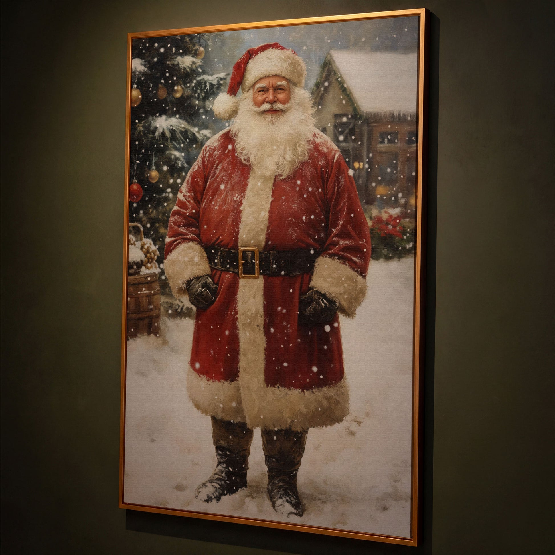 Jolly Santa Claus with Christmas Tree Canvas shown in antique gold floating frame