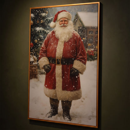 Jolly Santa Claus with Christmas Tree Canvas shown in antique gold floating frame