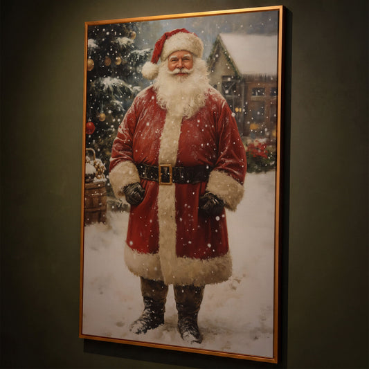 Jolly Santa Claus with Christmas Tree Canvas shown in antique gold floating frame