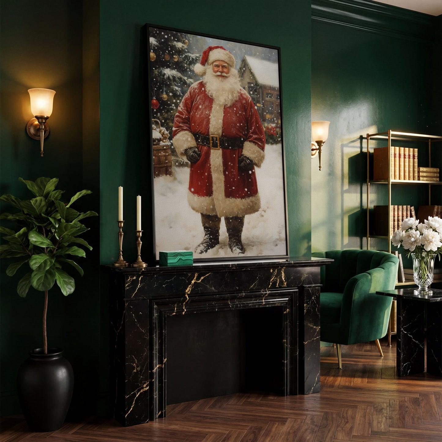 Jolly Santa Claus with Christmas Tree Canvas in black floating frame