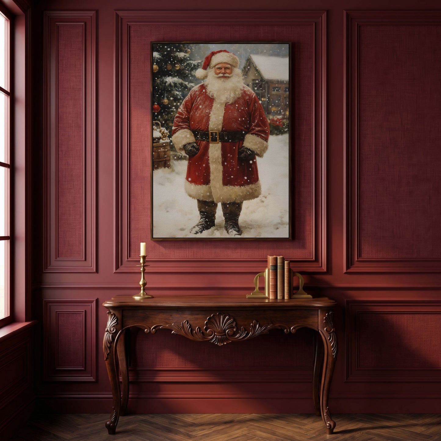 Jolly Santa Claus with Christmas Tree Canvas in dark walnut floating frame