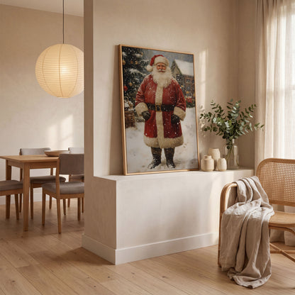 Jolly Santa Claus with Christmas Tree Canvas in white oak floating frame