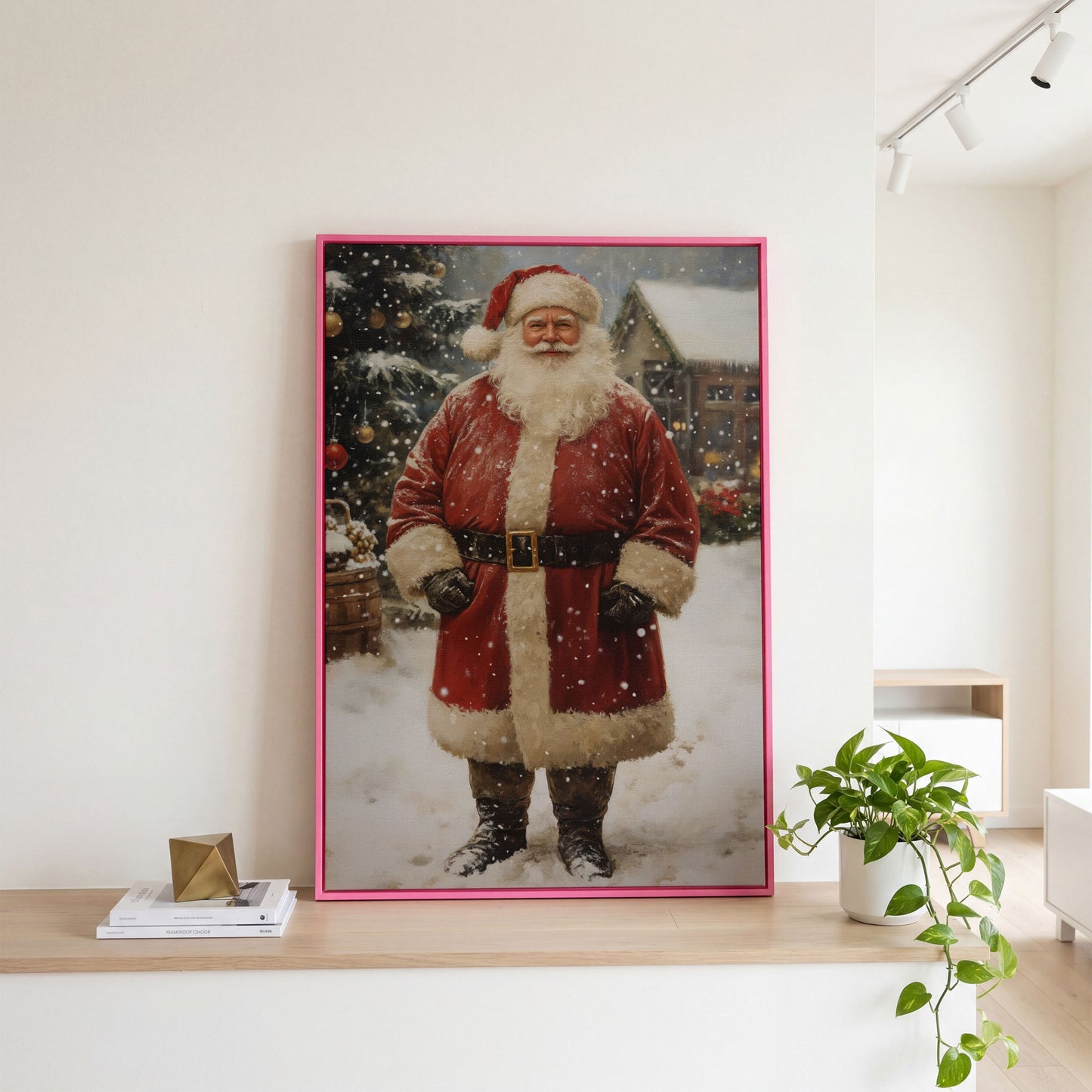 Jolly Santa Claus with Christmas Tree Canvas in pink floating frame