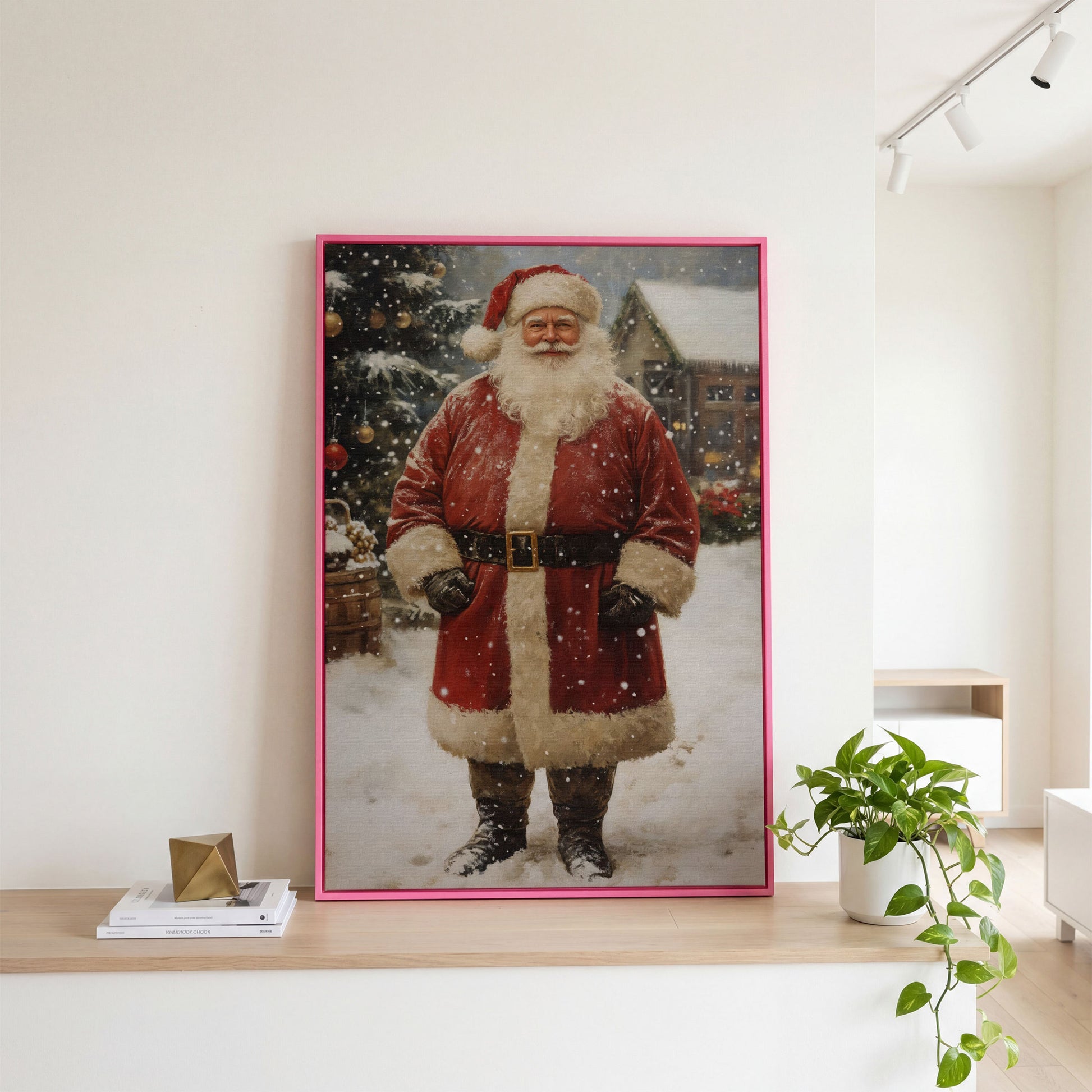 Jolly Santa Claus with Christmas Tree Canvas in pink floating frame