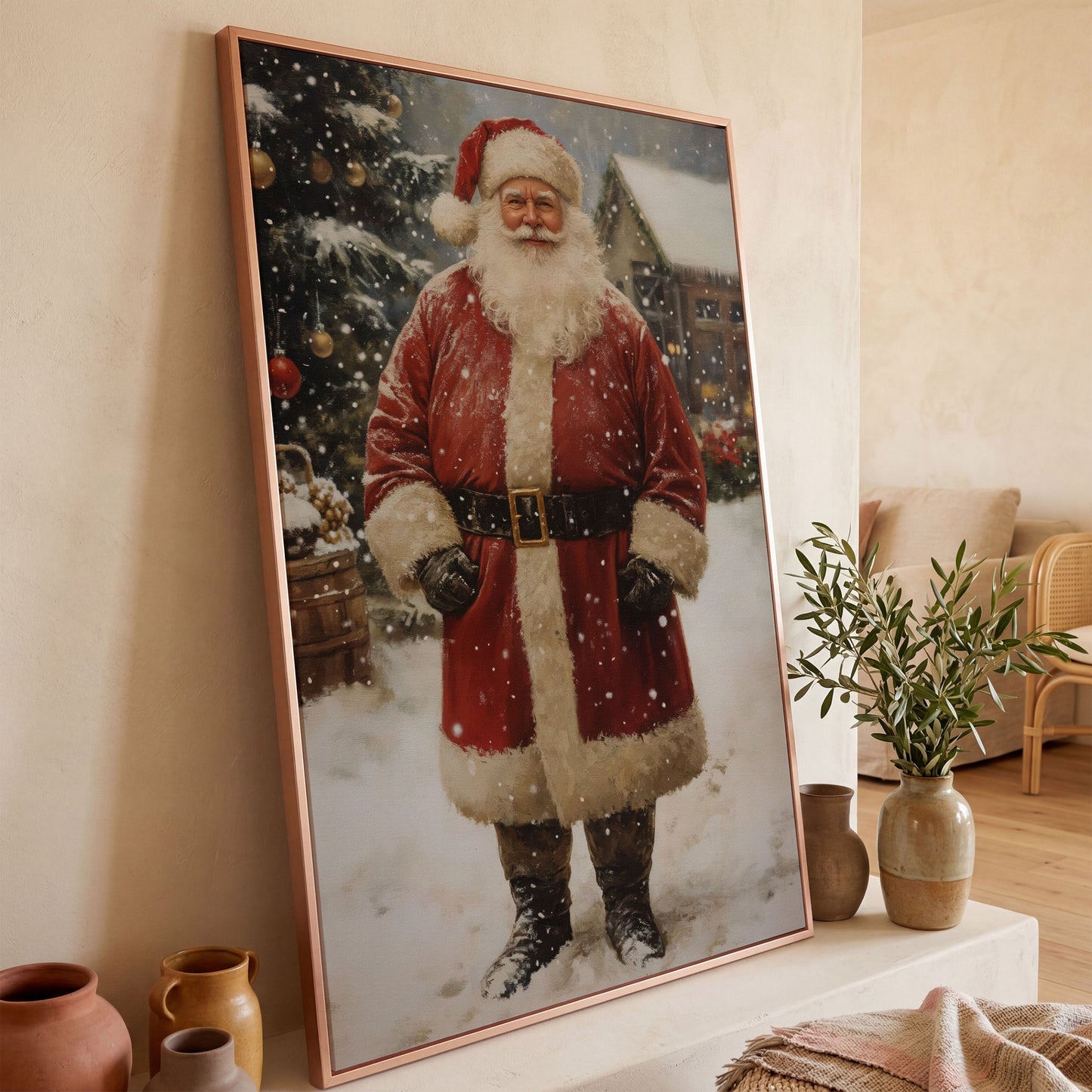 Jolly Santa Claus with Christmas Tree Canvas in rose gold floating frame
