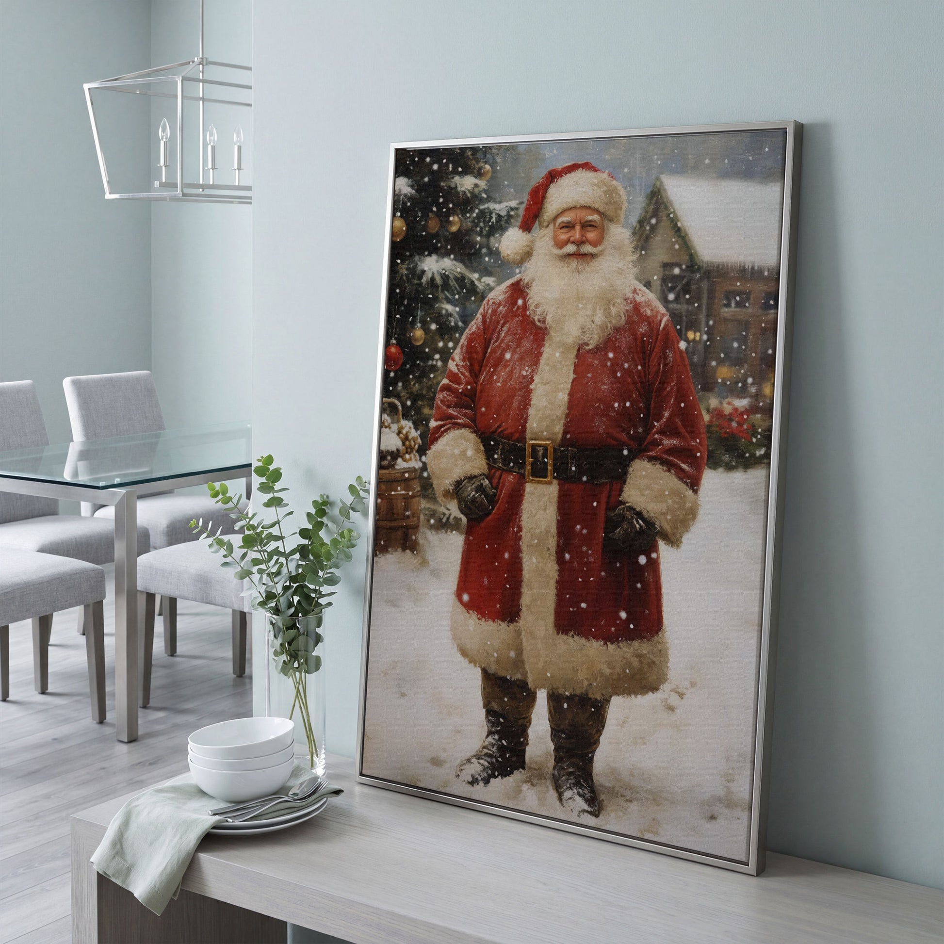 Jolly Santa Claus with Christmas Tree Canvas in silver floating frame
