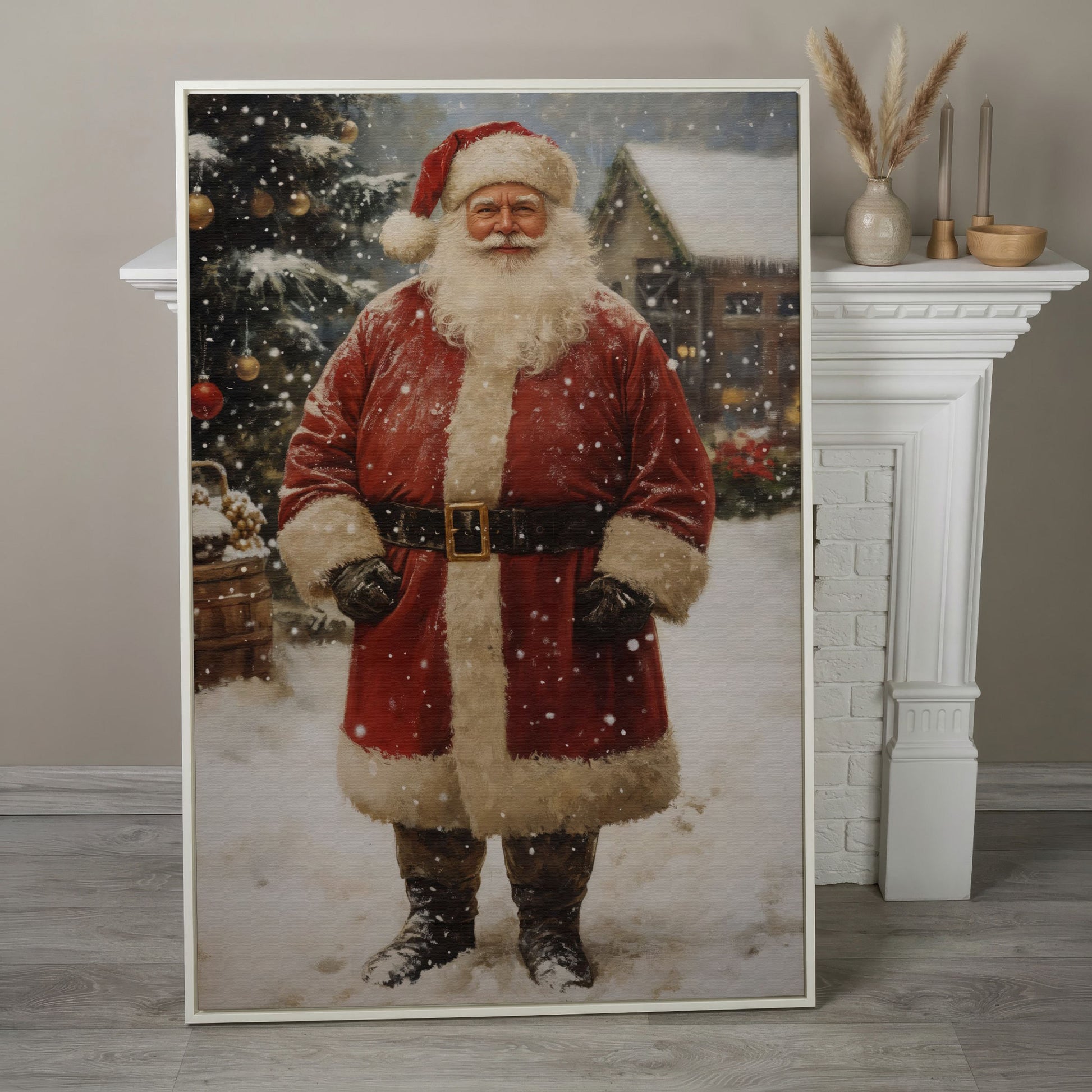 Jolly Santa Claus with Christmas Tree Canvas in white floating frame