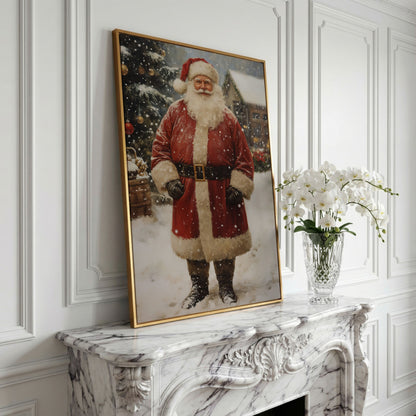 Jolly Santa Claus with Christmas Tree Canvas in yellow gold floating frame