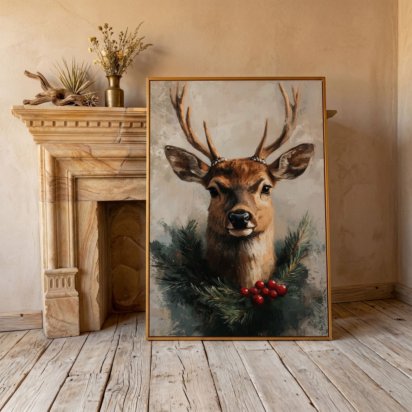 Reindeer with Christmas Pine Wreath Canvas in antique gold floating frame