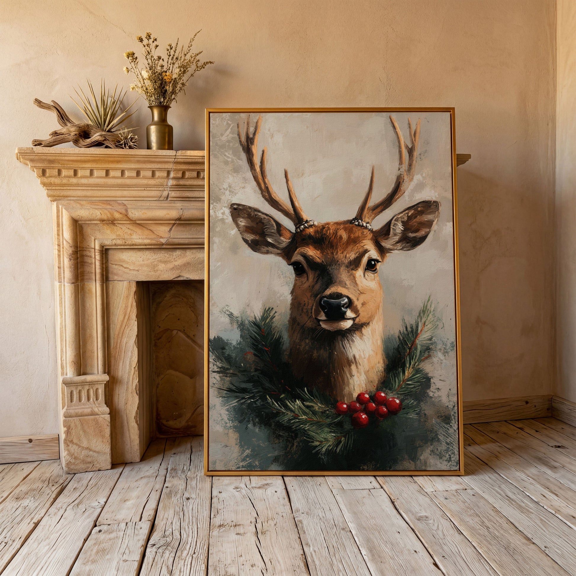 Reindeer with Christmas Pine Wreath Canvas in antique gold floating frame