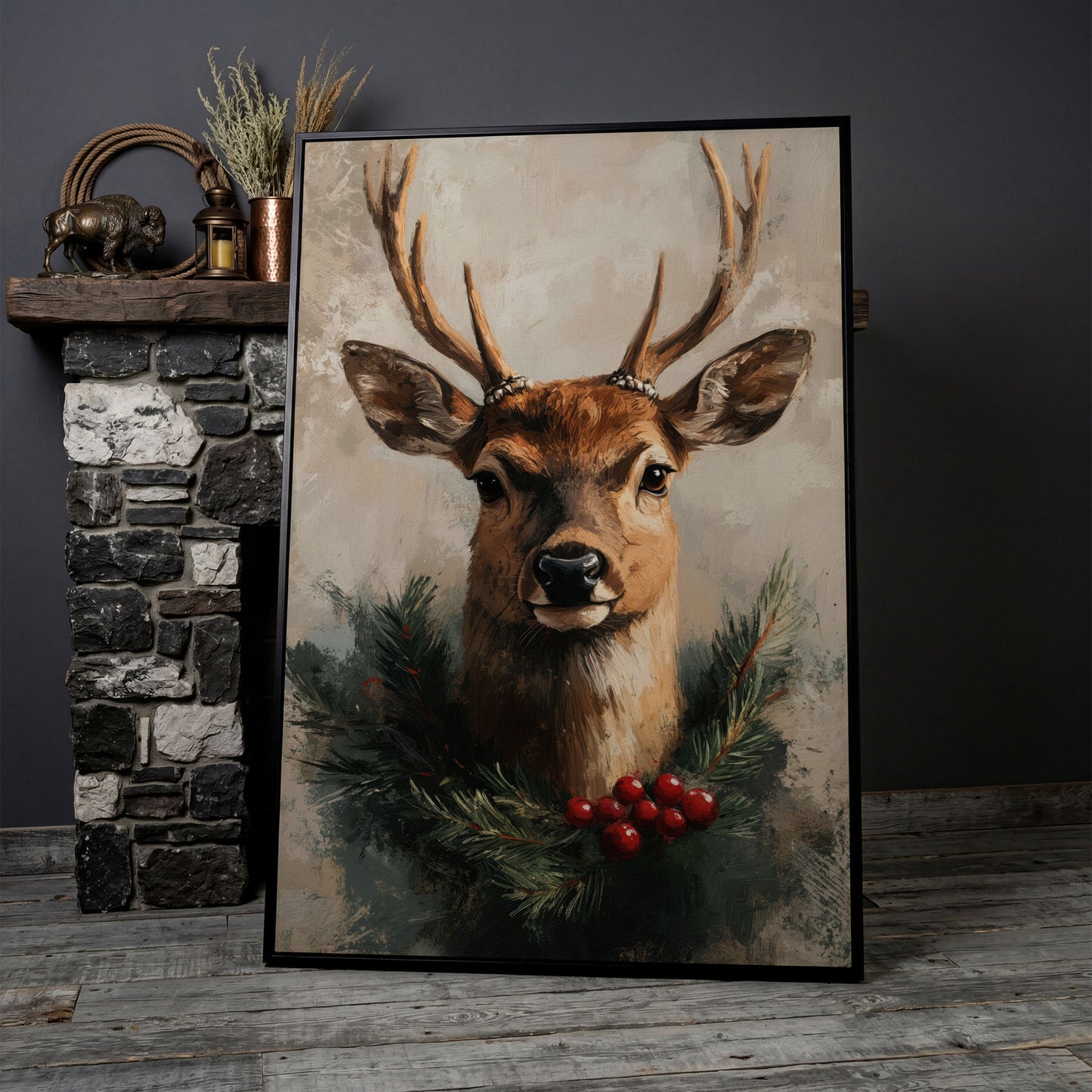 Reindeer with Christmas Pine Wreath Canvas in black floating frame