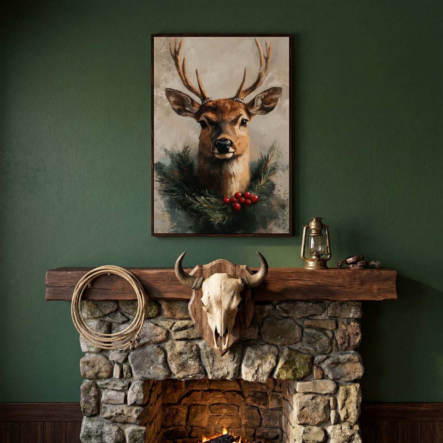 Reindeer with Christmas Pine Wreath Canvas in dark walnut floating frame