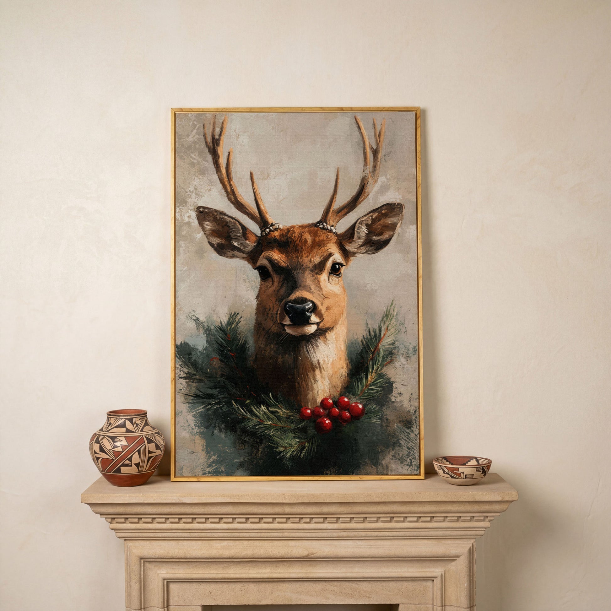 Reindeer with Christmas Pine Wreath Canvas in white oak floating frame
