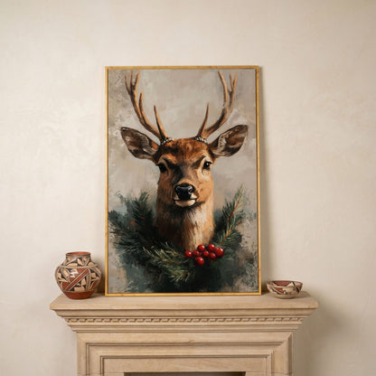 Reindeer with Christmas Pine Wreath Canvas in white oak floating frame