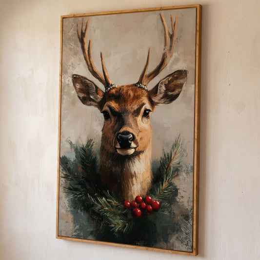 Reindeer with Christmas Pine Wreath Canvas shown in white oak floating frame