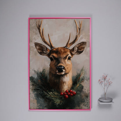 Reindeer with Christmas Pine Wreath Canvas in pink floating frame