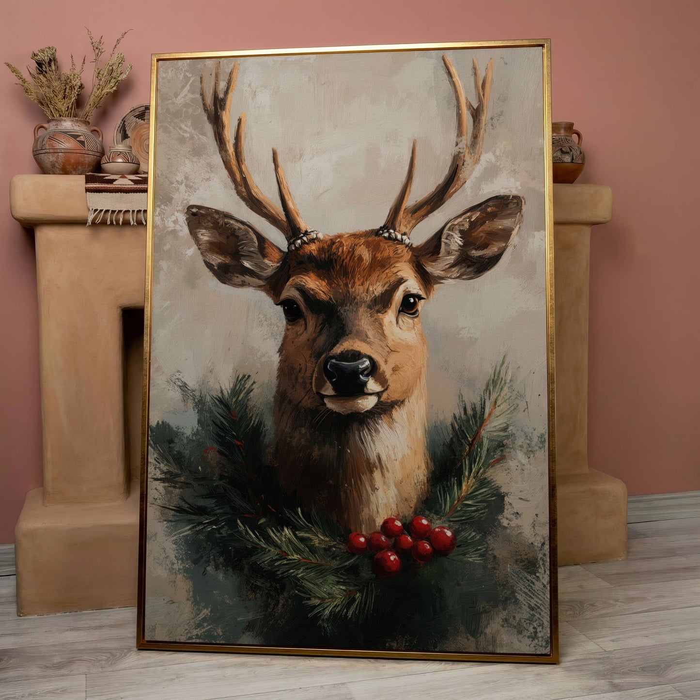Reindeer with Christmas Pine Wreath Canvas in rose gold floating frame
