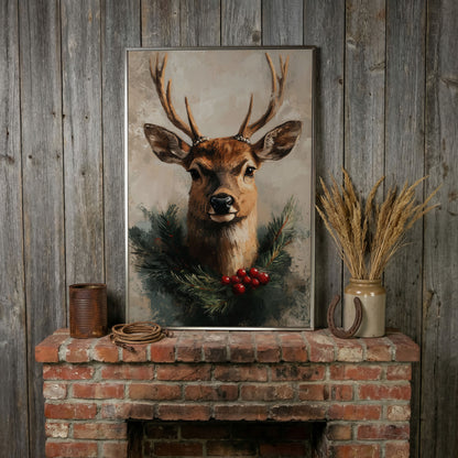 Reindeer with Christmas Pine Wreath Canvas in silver floating frame