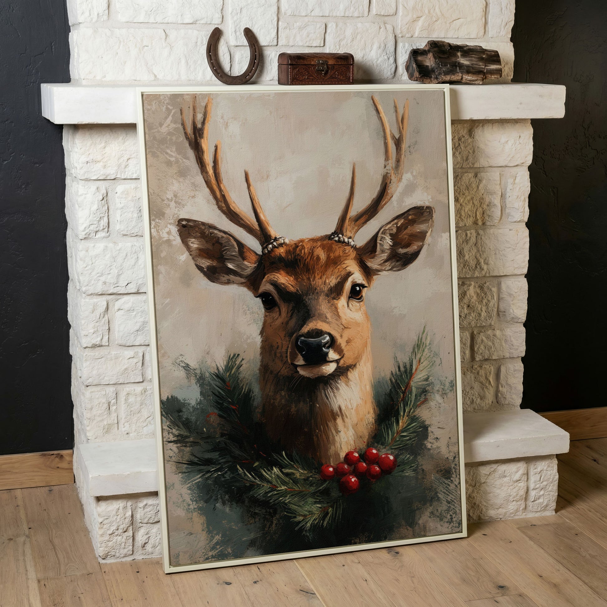 Reindeer with Christmas Pine Wreath Canvas in white floating frame