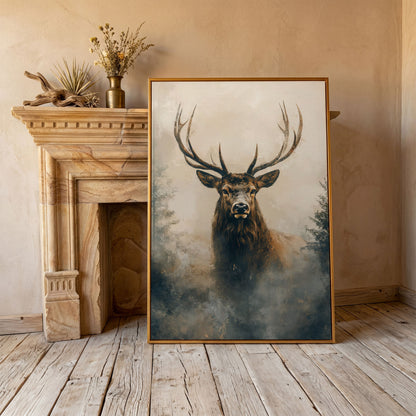 Majestic Stag in Misty Forest Canvas Print in antique gold floating frame