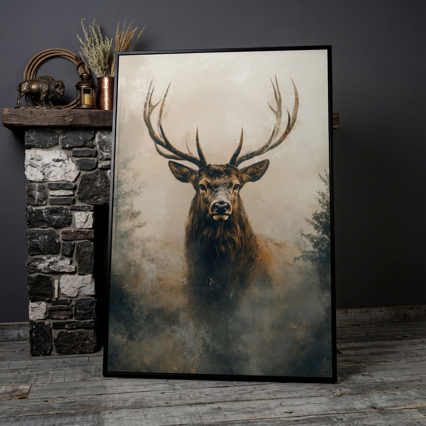 Majestic Stag in Misty Forest Canvas Print in black floating frame