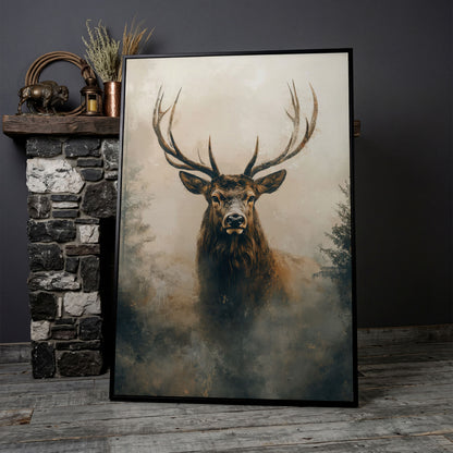 Majestic Stag in Misty Forest Canvas Print in black floating frame