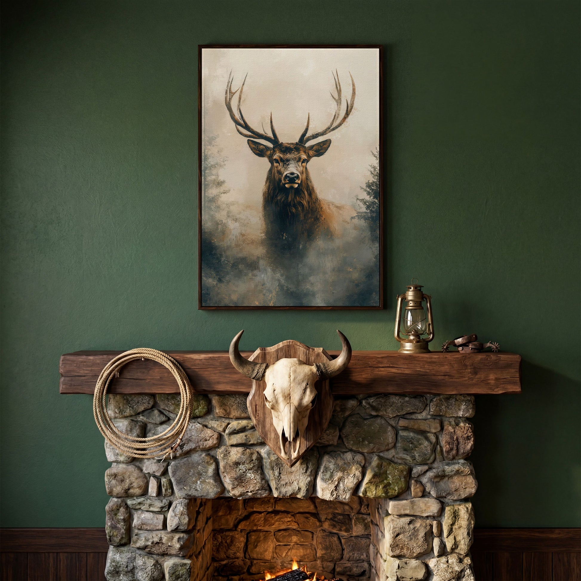 Majestic Stag in Misty Forest Canvas Print in dark walnut floating frame