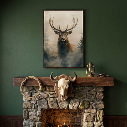 Majestic Stag in Misty Forest Canvas Print in dark walnut floating frame