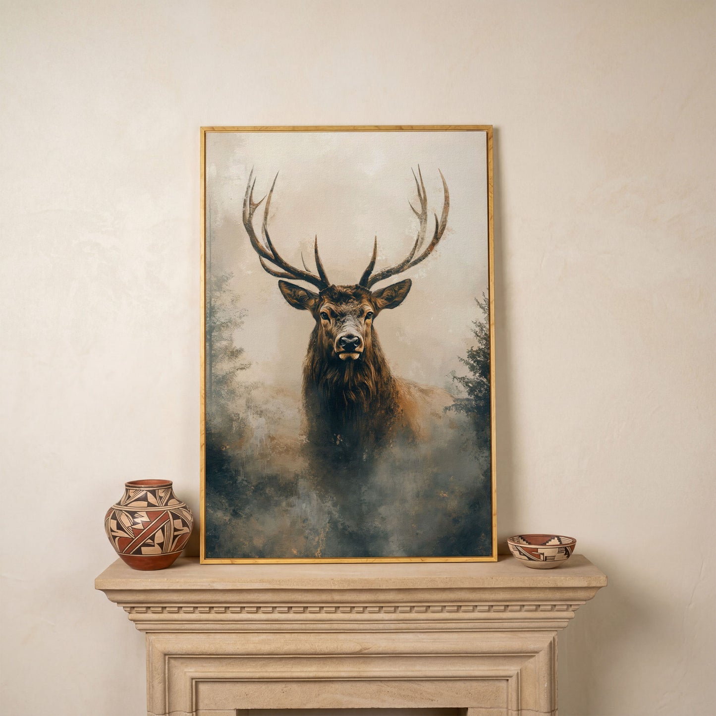 Majestic Stag in Misty Forest Canvas Print in white oak floating frame
