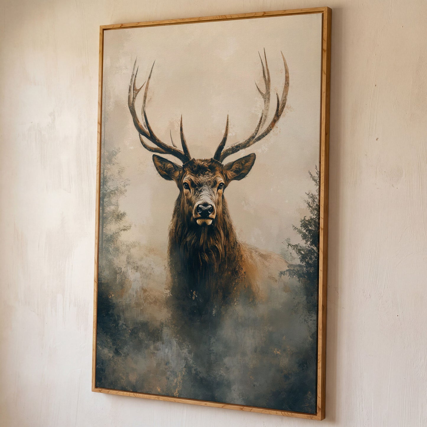 Majestic Stag in Misty Forest Canvas Print shown in white oak floating frame