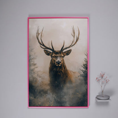 Majestic Stag in Misty Forest Canvas Print in pink floating frame