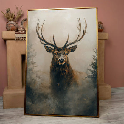 Majestic Stag in Misty Forest Canvas Print in rose gold floating frame