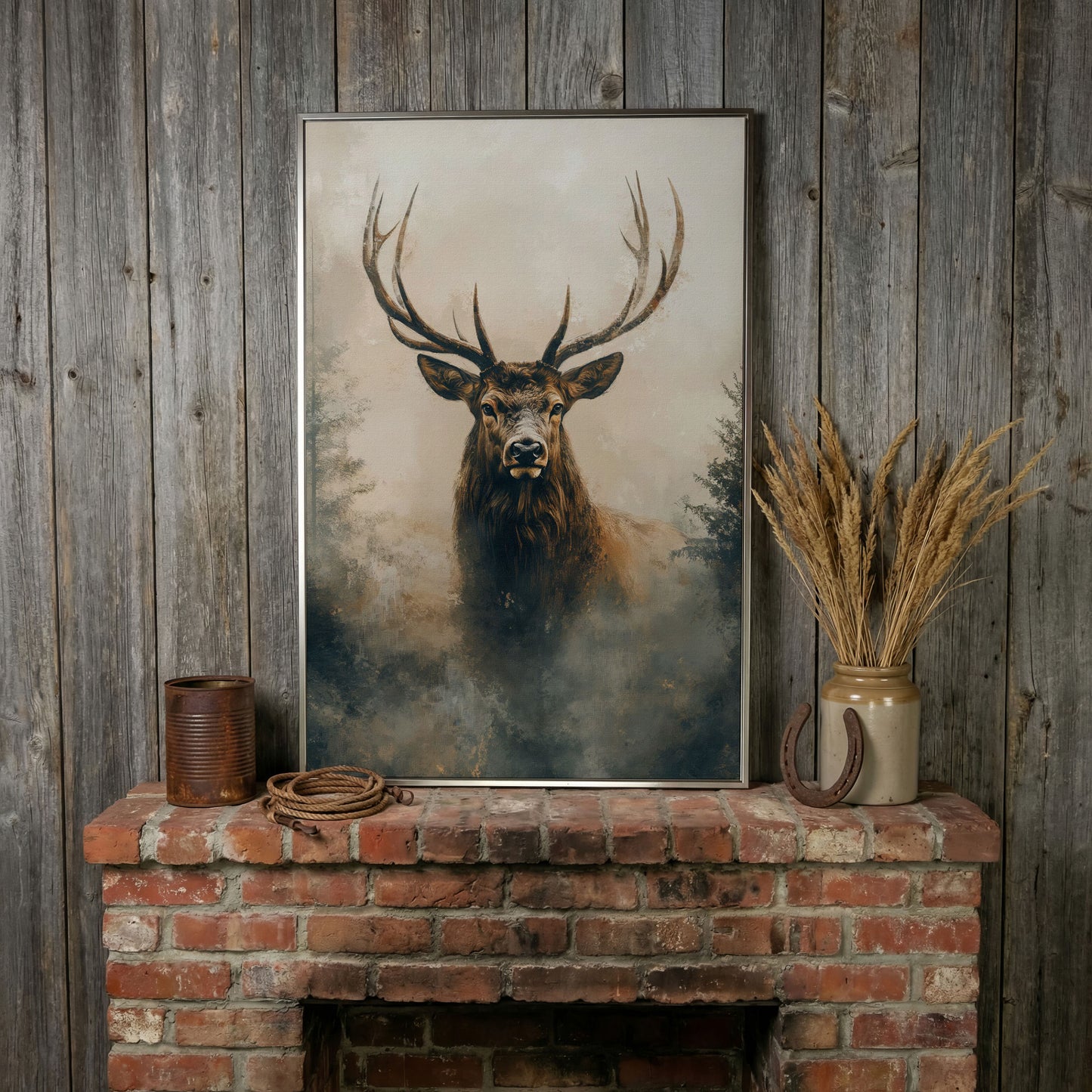 Majestic Stag in Misty Forest Canvas Print in silver floating frame
