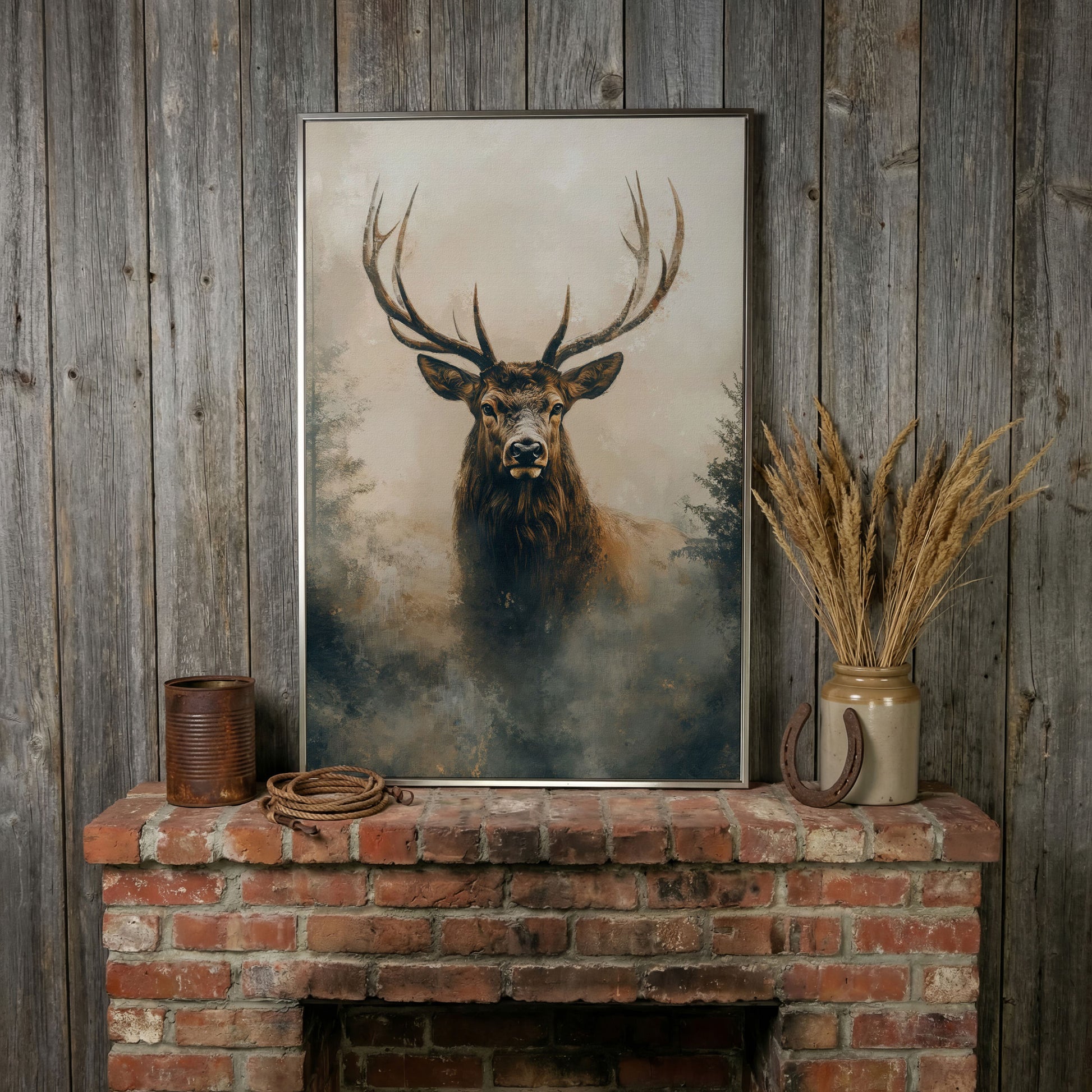 Majestic Stag in Misty Forest Canvas Print in silver floating frame