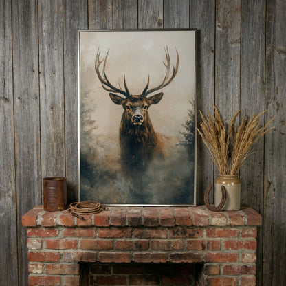 Majestic Stag in Misty Forest Canvas Print in silver floating frame
