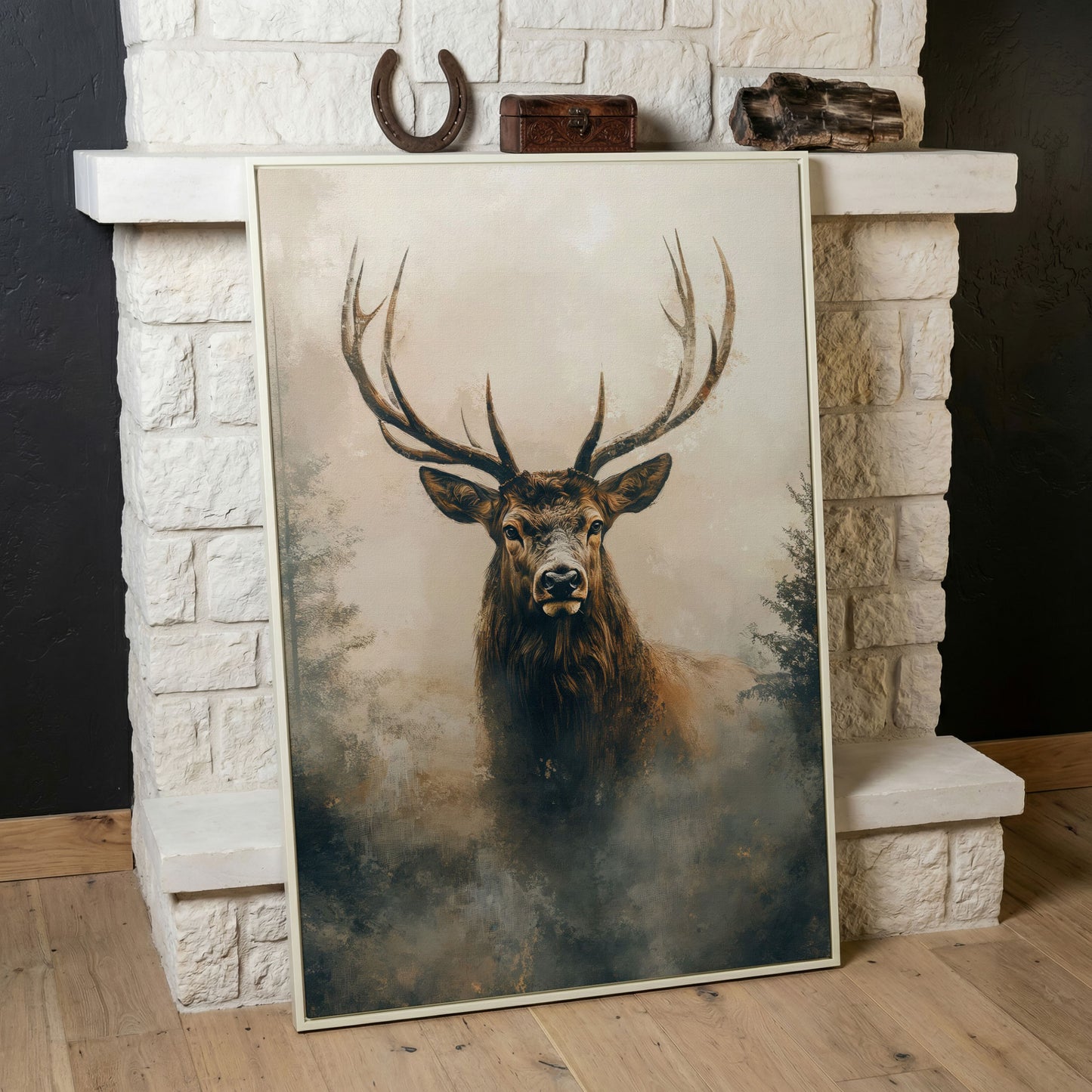 Majestic Stag in Misty Forest Canvas Print in white floating frame
