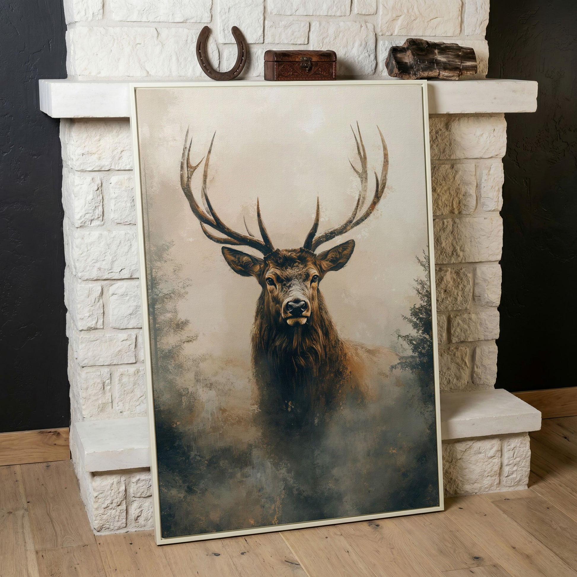 Majestic Stag in Misty Forest Canvas Print in white floating frame