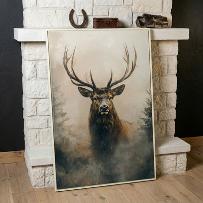 Majestic Stag in Misty Forest Canvas Print in white floating frame