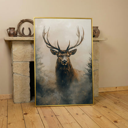 Majestic Stag in Misty Forest Canvas Print in yellow gold floating frame