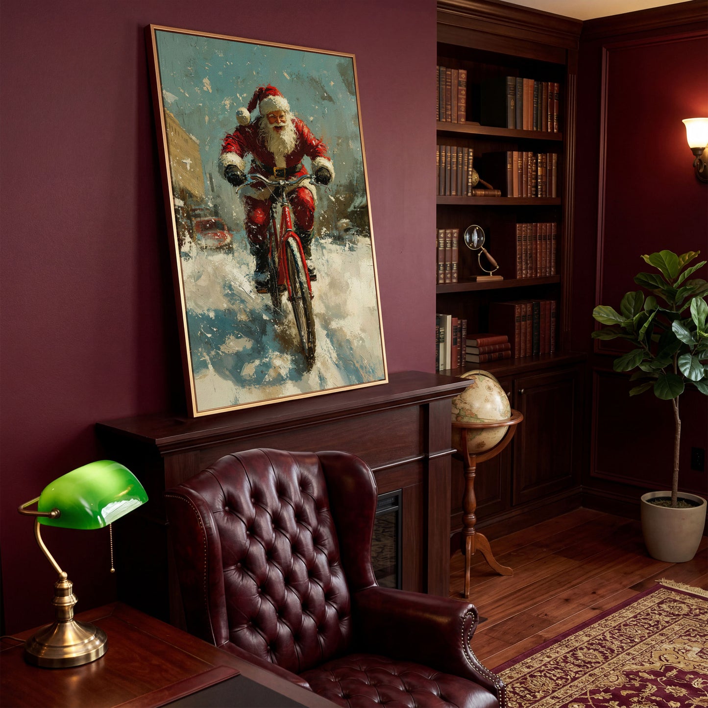 Santa on Bicycle Canvas Print, Festive Wall Art in antique gold floating frame