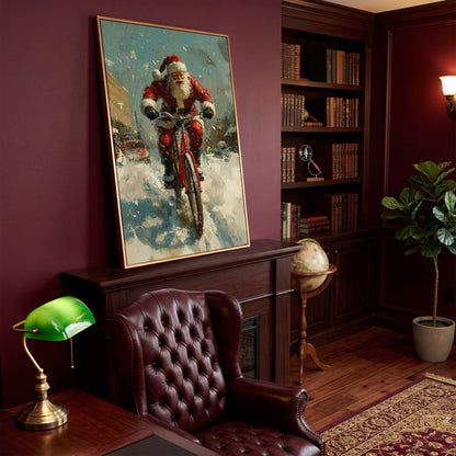 Santa on Bicycle Canvas Print, Festive Wall Art in antique gold floating frame