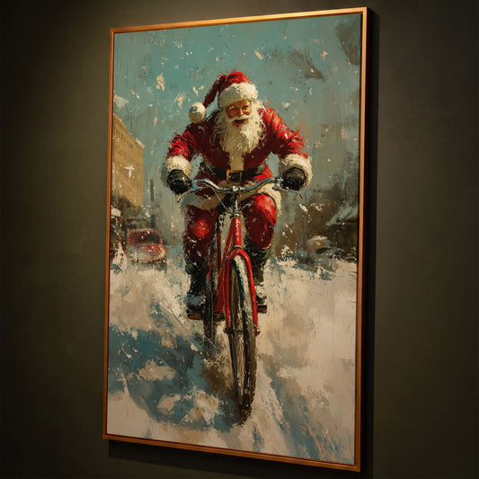 Santa on Bicycle Canvas Print, Festive Wall Art shown in antique gold floating frame