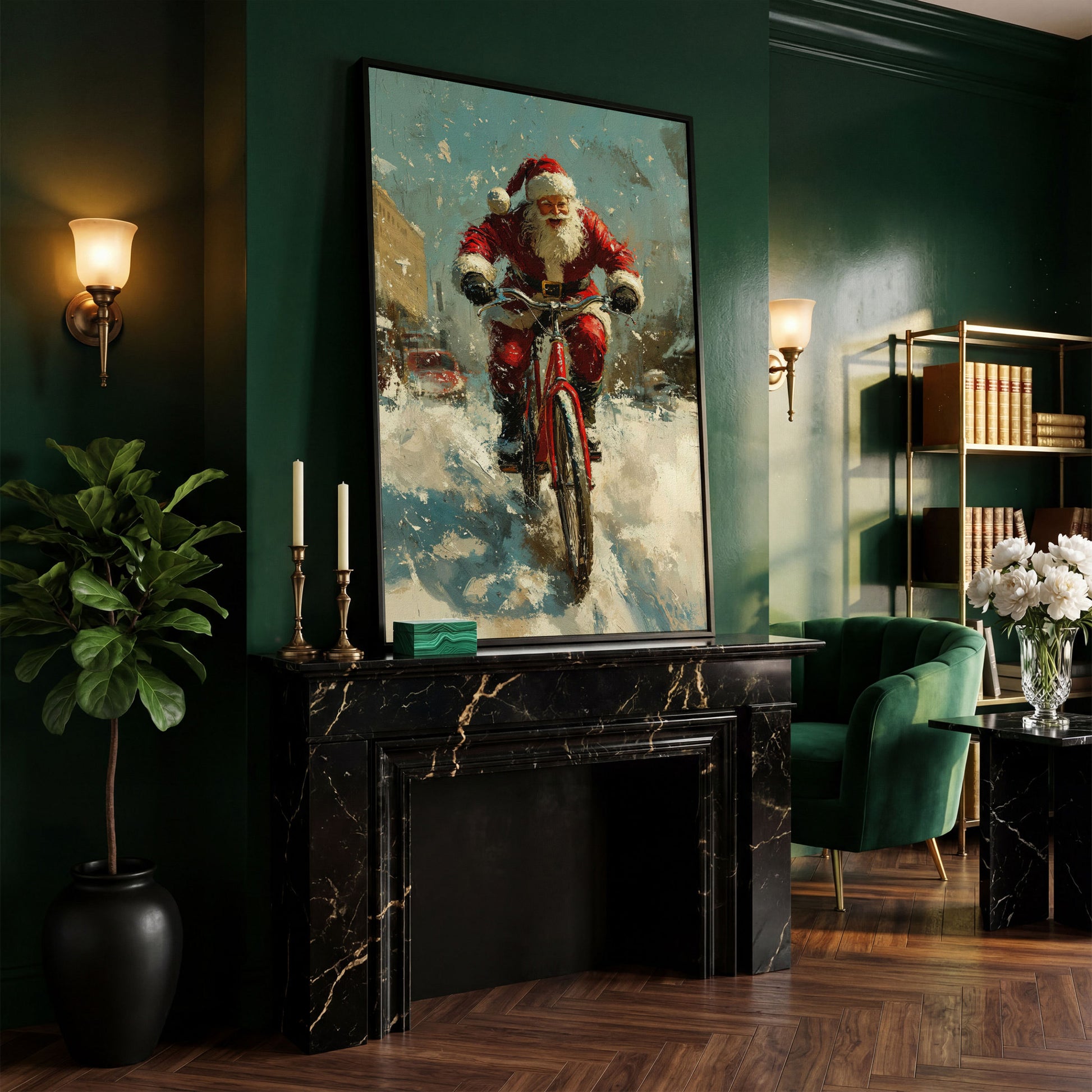 Santa on Bicycle Canvas Print, Festive Wall Art in black floating frame