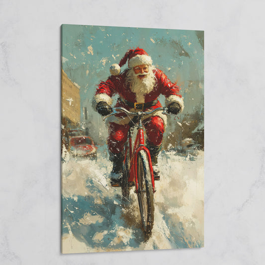 Santa on Bicycle Canvas Print, Festive Wall Art on gallery wrap