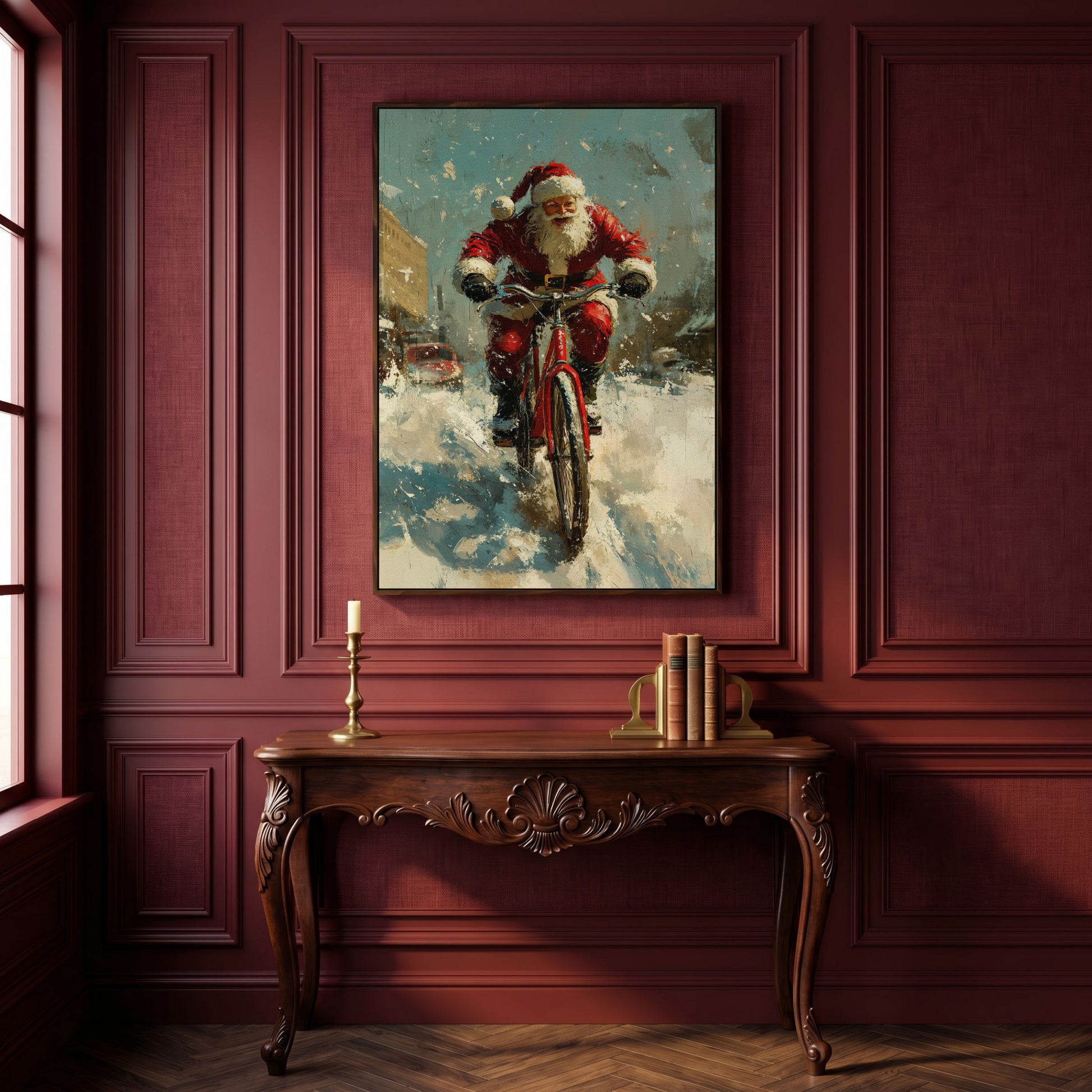 Santa on Bicycle Canvas Print, Festive Wall Art in dark walnut floating frame